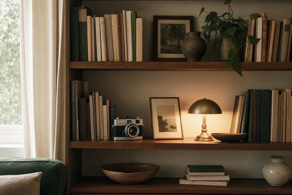 A lit living-room shelf with books and a lamp